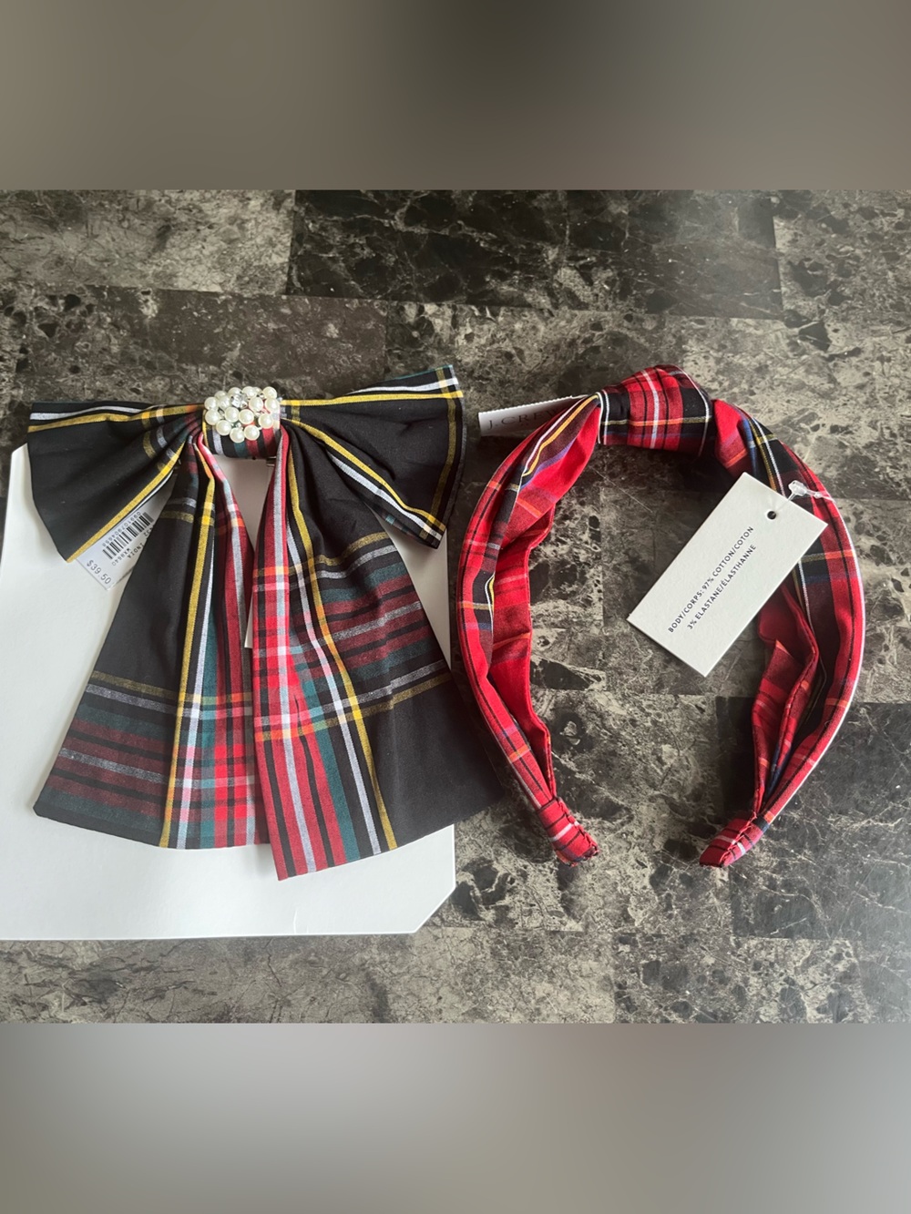 J CREW Women's Embellished Plaid Tartan Bow Barrette & Headband Cotton 2 Sets